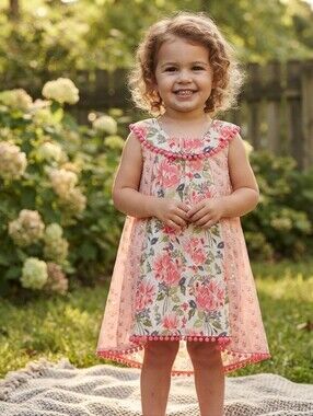 Little Lass 2T Girls' Pink Floral Ruffle Neck Tunic